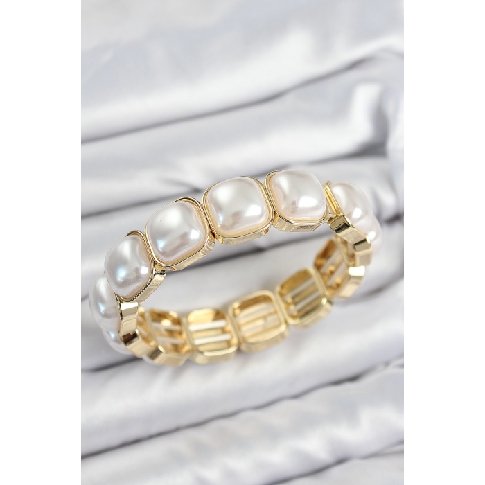 Pirinç Kare İnci Model Gold Renk Lastikli Kadın Bileklik - Lisinya