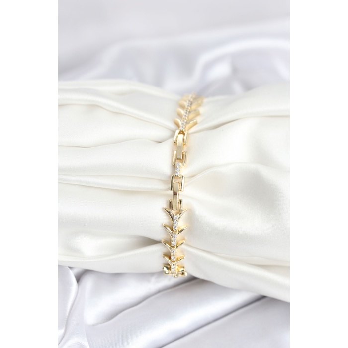 Pirinç Gold Renk Balık Sırtı Model Zirkon Taşlı Kadın Bileklik - Lisinya