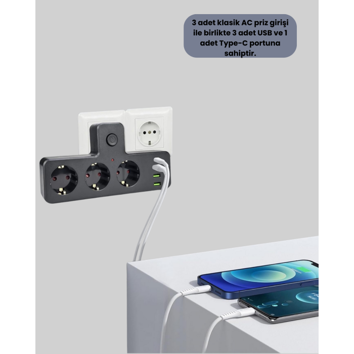 7 Portlu Çoklu Priz USB ve Type-C Girişli Akıllı Güç Ünitesi - Lisinya