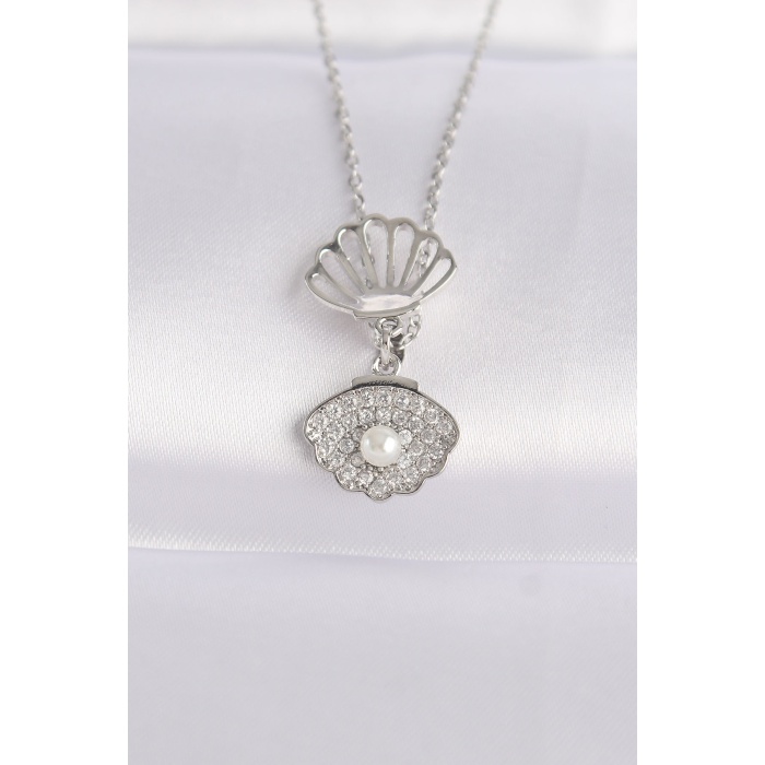 316L Çelik Zincir Gümüş Renk Zirkon Taşlı İnci Detay İstiridye Kolye - Lisinya