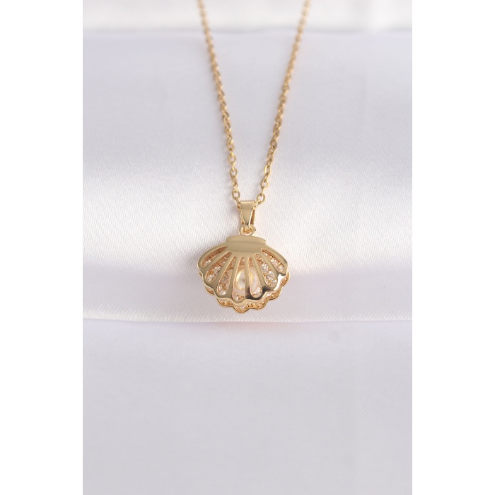 316L Çelik Zincir Altın Renk Zirkon Taşlı İnci Detay İstiridye Kolye - Lisinya