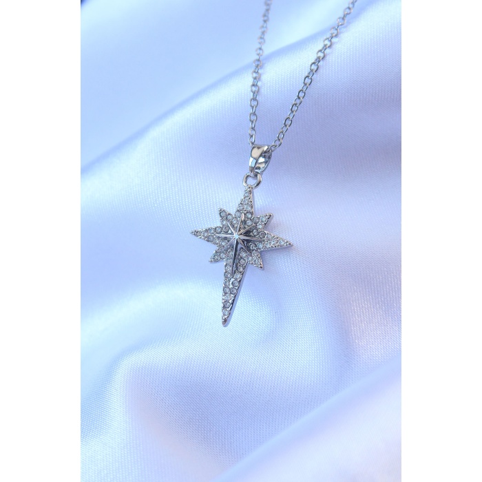 316L Çelik Gümüş Renk Zirkon Taşlı Kutup Yıldızı Model Kolye - Lisinya