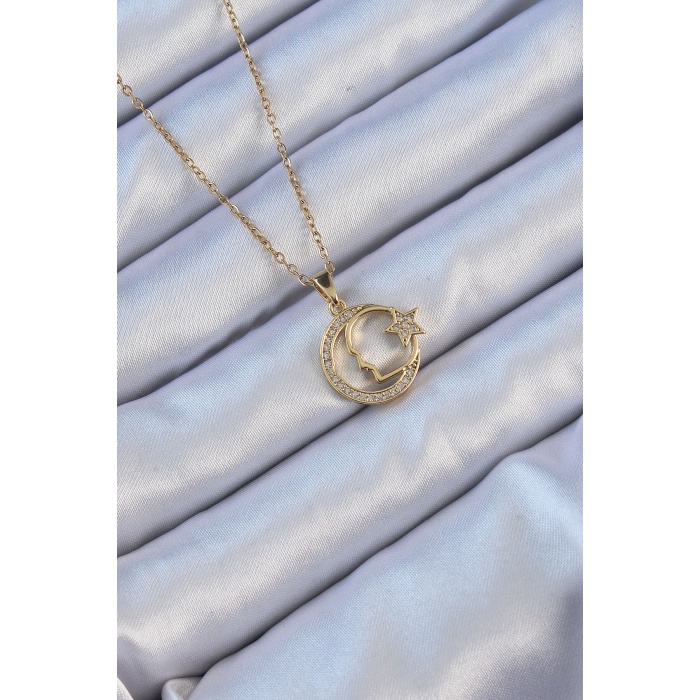 316L Çelik Zincir Altın Renk Zirkon Taşlı Ay Yıldız Simgeli Atatürk Kolye - Lisinya
