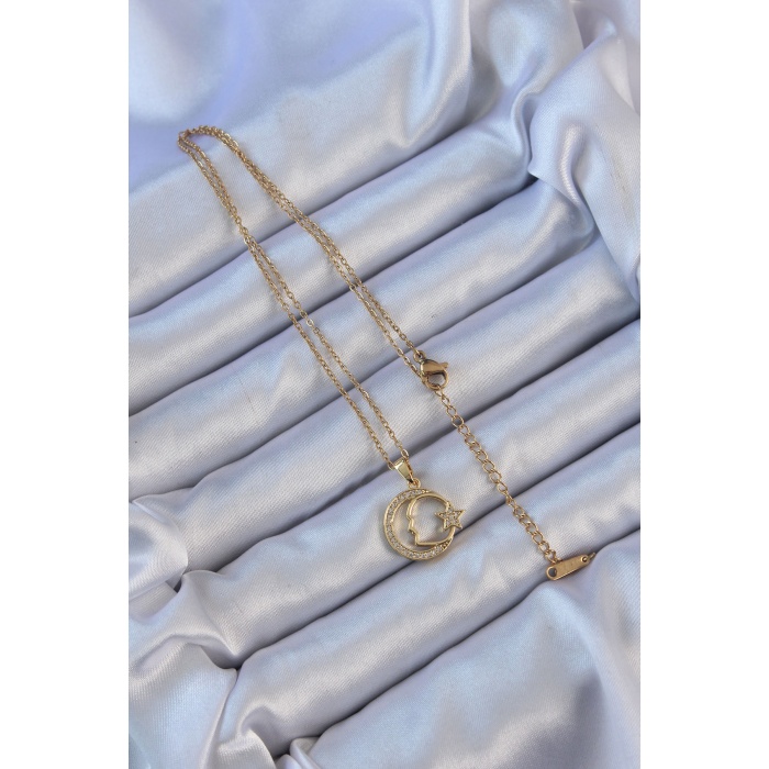 316L Çelik Zincir Altın Renk Zirkon Taşlı Ay Yıldız Simgeli Atatürk Kolye - Lisinya