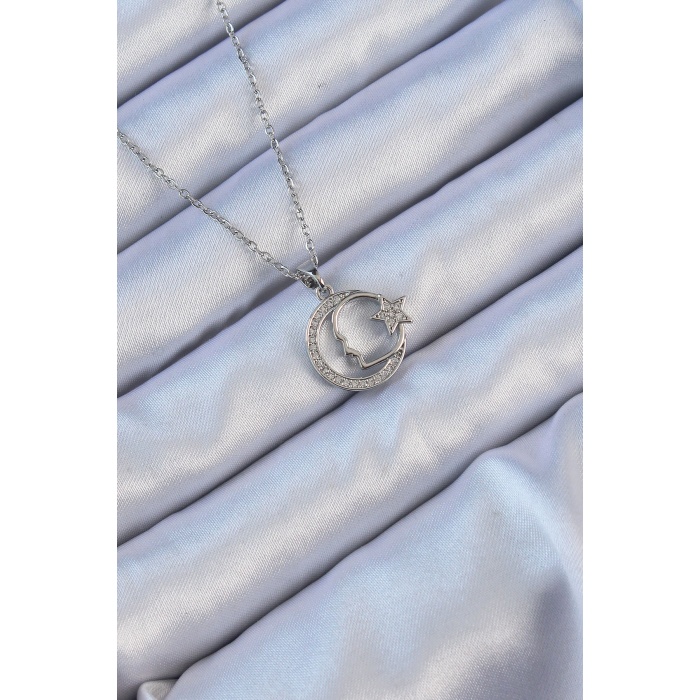 316L Çelik Zincir Gümüş Renk Zirkon Taşlı Ay Yıldız Simgeli Atatürk Kolye - Lisinya