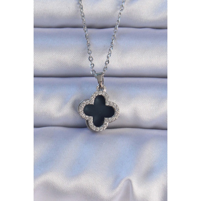 316L Çelik Gümüş Renk Siyah Mineli Zirkon Taşlı Yonca Figürlü Kolye - Lisinya