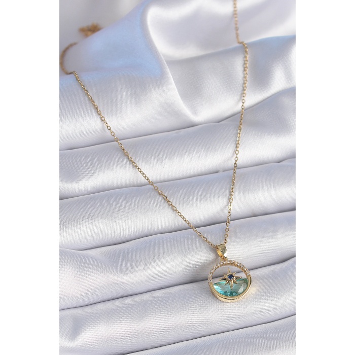 316L Çelik Zincir Gold Renk Zirkon Taşlı Deniz Görünüm Kutup Yıldız Model Kadın Kolye - Lisinya