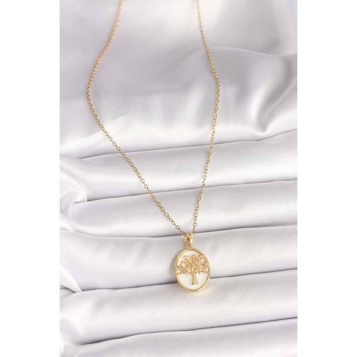 316L Çelik Gold Renk Zincir Zirkon Taş Detaylı Beyaz Mineli Ağaç İşlemeli Portre Model Kadın Kolye - Lisinya