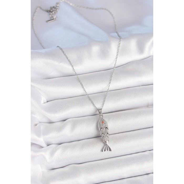 316L Çelik Zincir Gümüş Renk Zirkon Taşlı Balık Figürlü Kolye - Lisinya