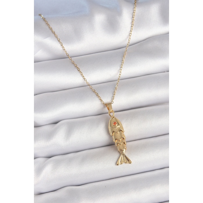 316L Çelik Zincir Gold Renk Zirkon Taşlı Balık Figürlü Kolye - Lisinya