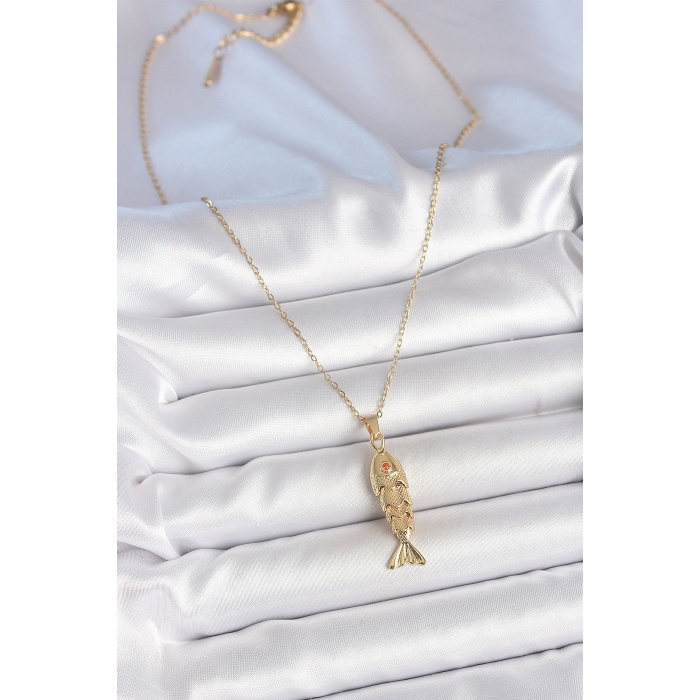 316L Çelik Zincir Gold Renk Zirkon Taşlı Balık Figürlü Kolye - Lisinya