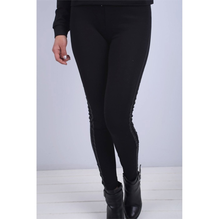 Barrels  And Oil- Kadın Yanları Deri Şeritli Tayt- Siyah