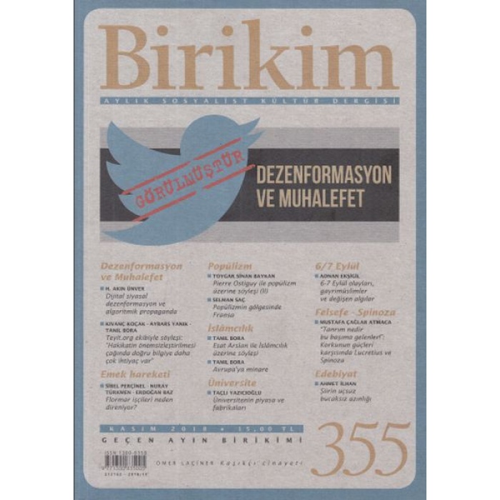 Birikim Aylık Sosyalist Kültür Dergisi Sayı: 355 Kasım 2018