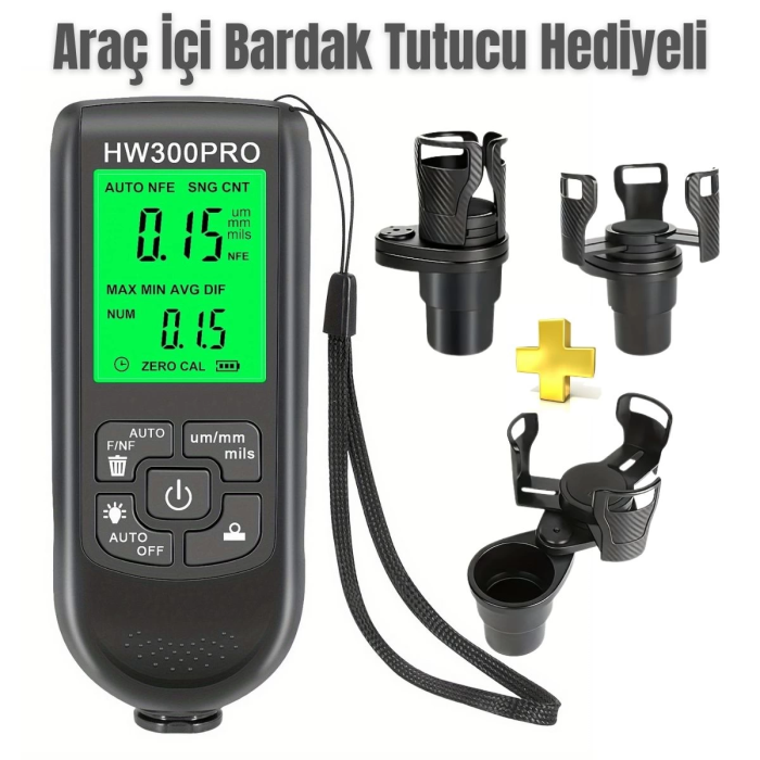 HW-300PRO Oto Boya Kalınlık Ölçer Fe NFe 2000µm + 2 Fonksiyonlu Bardak Tutucu Hediyeli ( Lisinya )