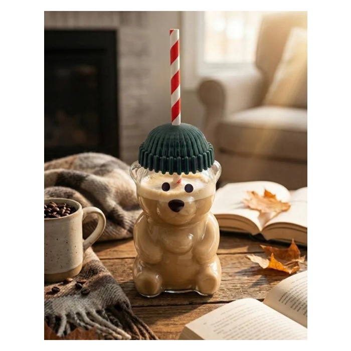 Ayıcık Figürlü Cam Soğuk Içecek Bardağı 500 ml | Kapaklı Pipetli Bearista Teddy Bear Cam Bardak, Soğuk Kahve ve