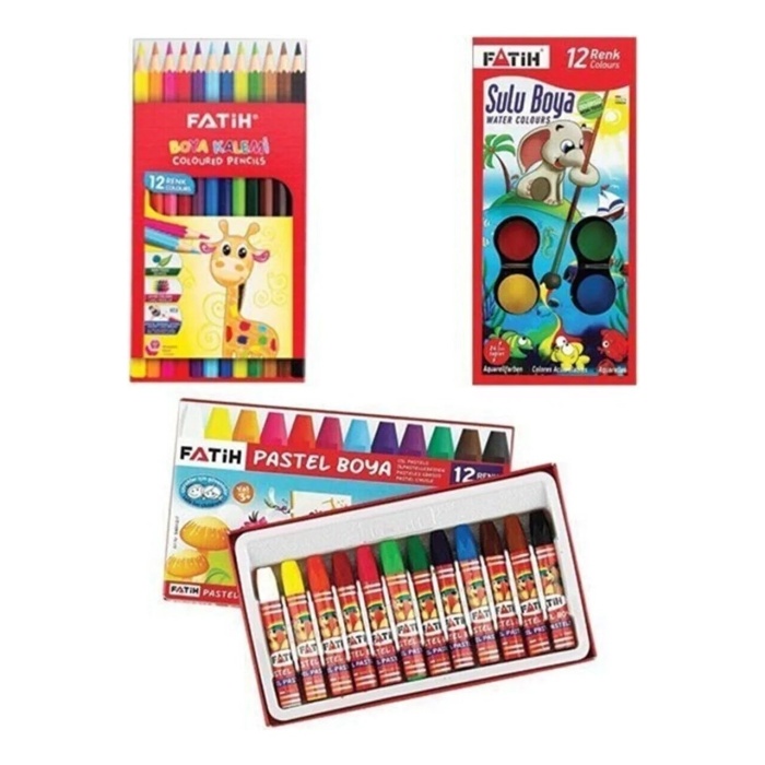 Boyama Seti Üçlü 12 li Kuru Boya,Sulu Boya.Pastel Boya