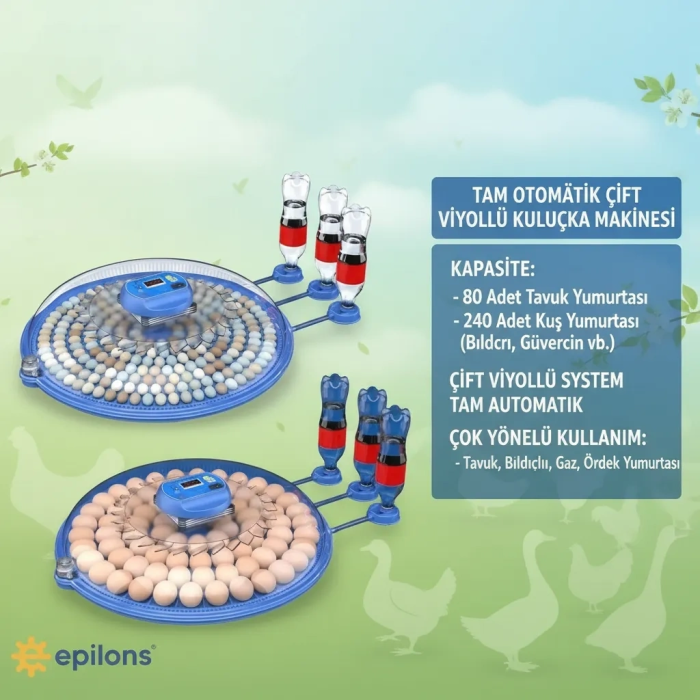 80 ve 240 Kapasiteli Fonksiyonel Tam Otomatik Kuluçka Papağan Mini Kuş Tavuk Kaz Ördek Uyumlu ( Lisinya )