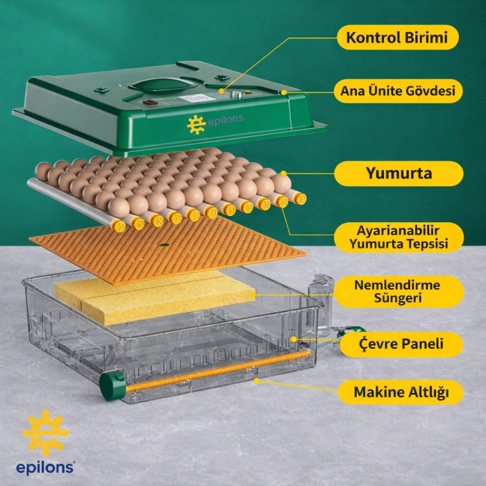 EP-120 Yumurta Kapasiteli Tam Otomatik Kuluçka Makinesi - Yeni Nesil Harici Suluklu, Dijital Nem ve Sıcaklık Göstergeli ( Lisinya )