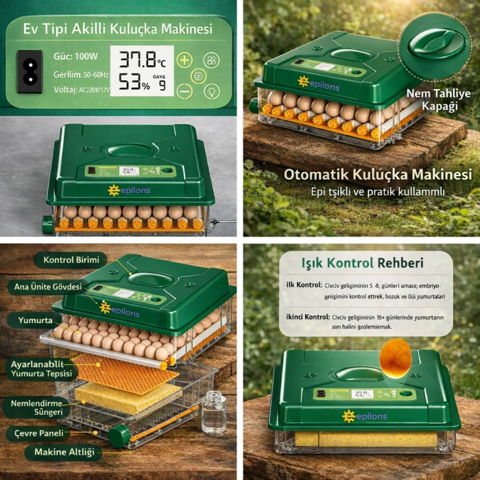 EP-120 Yumurta Kapasiteli Tam Otomatik Kuluçka Makinesi - Yeni Nesil Harici Suluklu, Dijital Nem ve Sıcaklık Göstergeli ( Lisinya )