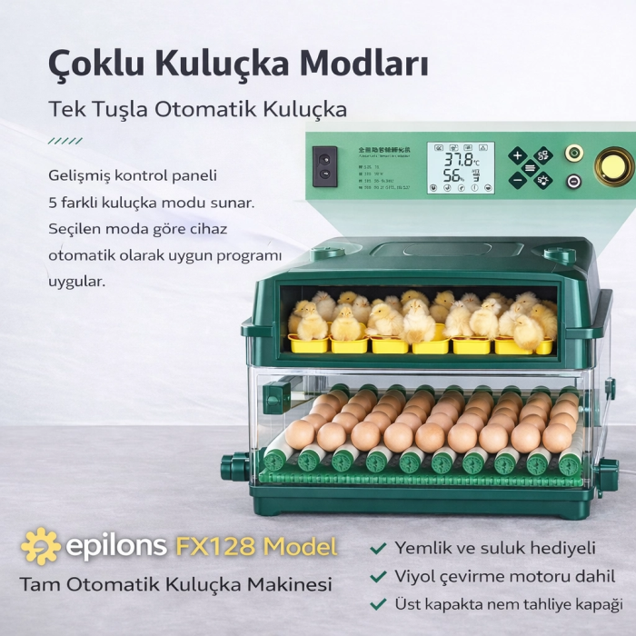 FX-128 Model Tam Otomatik Kuluçka Makinesi – Çift Katlı, Çift Güç Sistemli, Su Hazneli Yeni Nesil İnkübatör ( Lisinya )