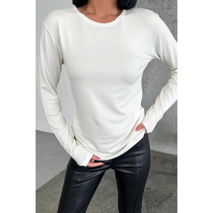 Rahat Ve Şık Uzun Kollu Bisiklet Yaka Likralı Viskon Penye Body Ekru ( Lisinya )