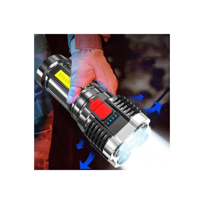 Ultra Parlak El Feneri Usb Şarj 4 Led+Yan Cob Led Taktik Günlük Hayat Kamp Avcılık El Feneri ( Lisinya )