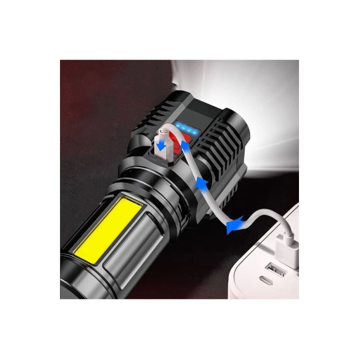 Ultra Parlak El Feneri Usb Şarj 4 Led+Yan Cob Led Taktik Günlük Hayat Kamp Avcılık El Feneri ( Lisinya )