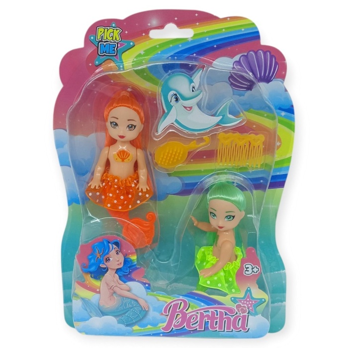 2li Deniz Kızı Bebek Seti - Hareketli Eklemler ve Aksesuarlı -Turuncu & Yeşil (Lisinya)