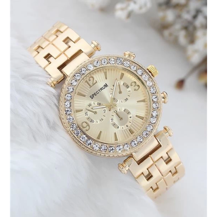 Zarif ve Şık Özel Tasarım Zirkon Taşlı Metal Bayan Kol Saati (gold) ( Lisinya )
