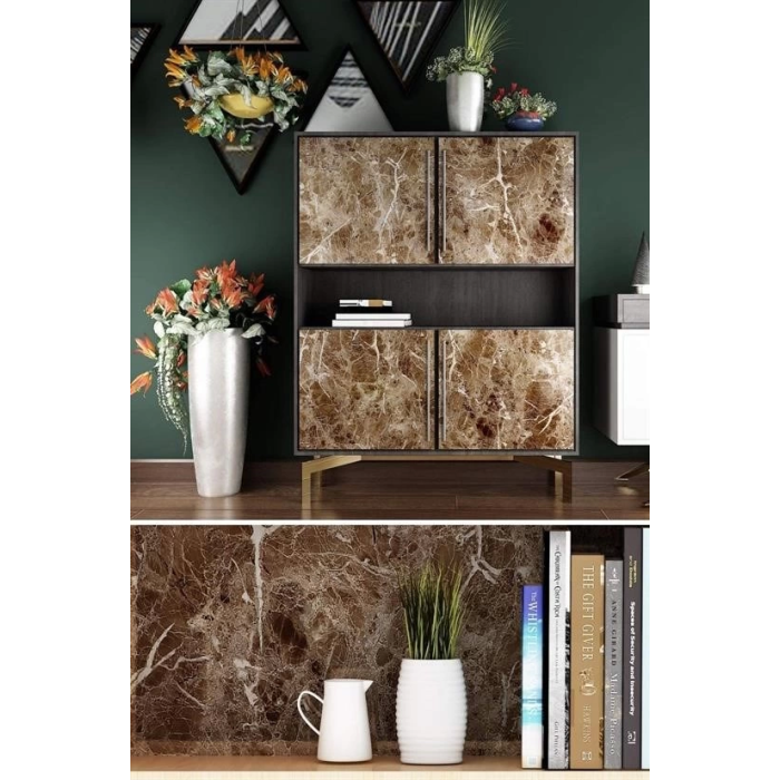 Mermer Desenli Masa Tezgah Mutfak Su Geçirmez Yapışkanlı Folyo Sticker Kahverengi 5x0,6m ( Lisinya )