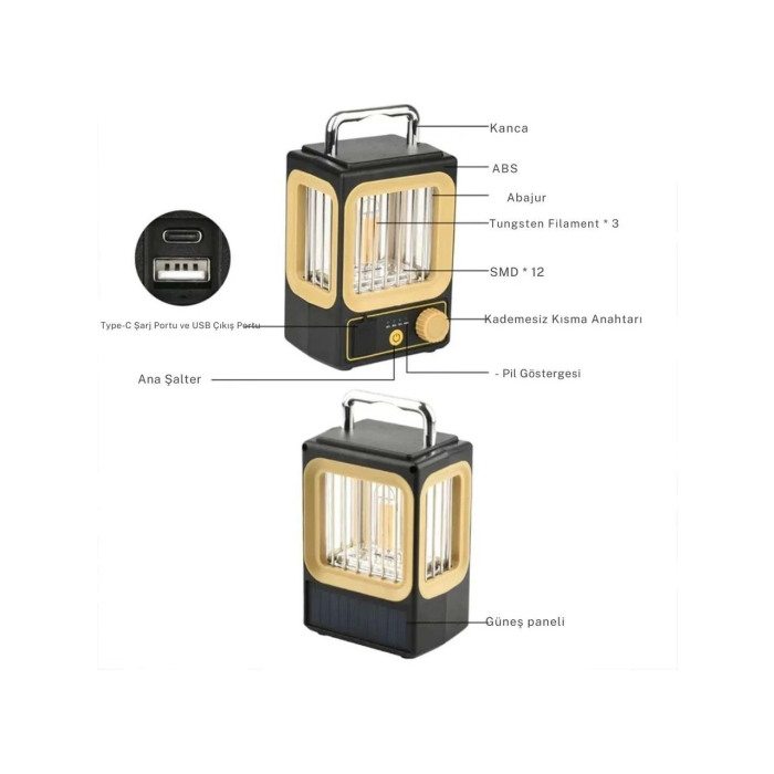 Ampul Solar Şarj Edilebilir 12 Led 1 Rustikli Led Kamp Lambası ( Lisinya )