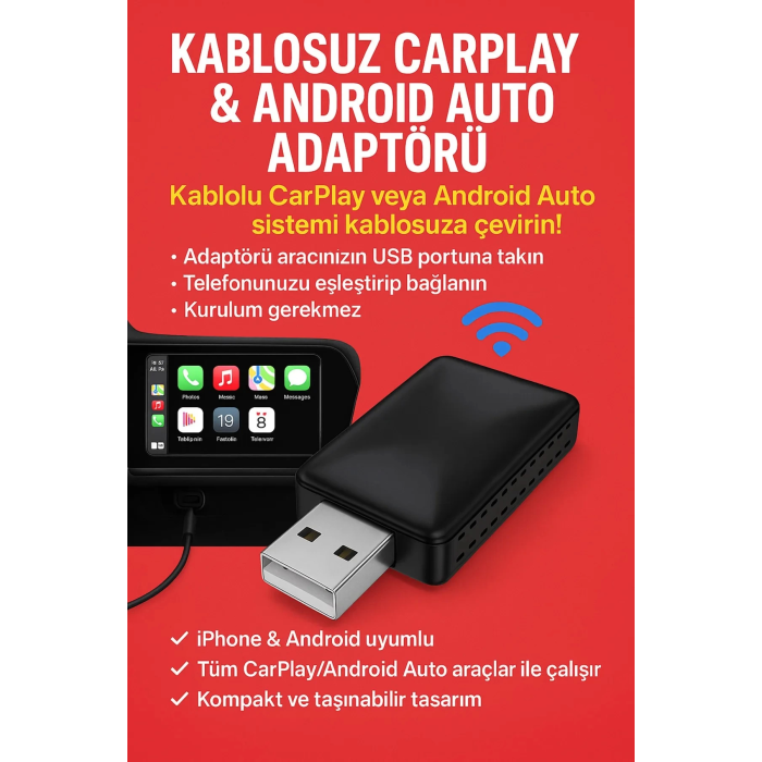 Kablosuz CarPlay & Android Auto Adaptörü - Apple ve Android Cihazlar İçin Evrensel Wireless Carplay Çevirici ( Lisinya )