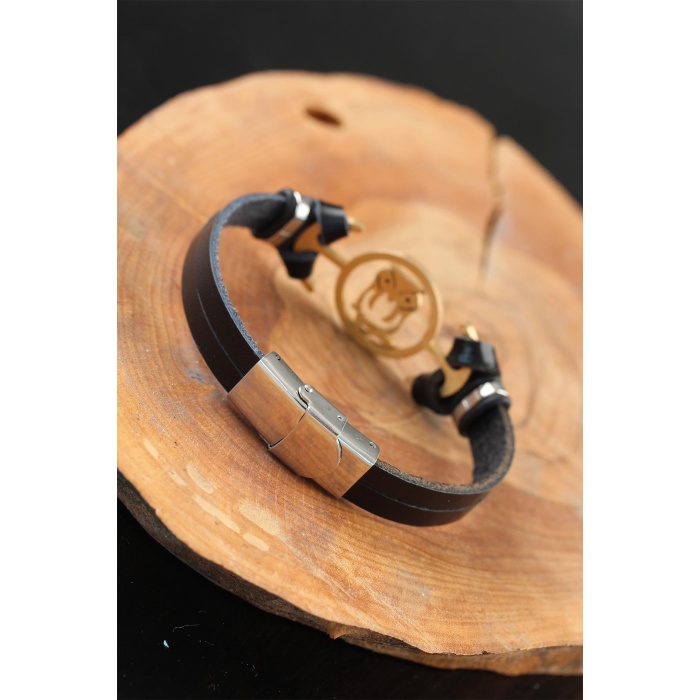 Gold Renk Baykuşlu Metal Aksesuarlı Siyah Renk Deri Erkek Bileklik - Lisinya