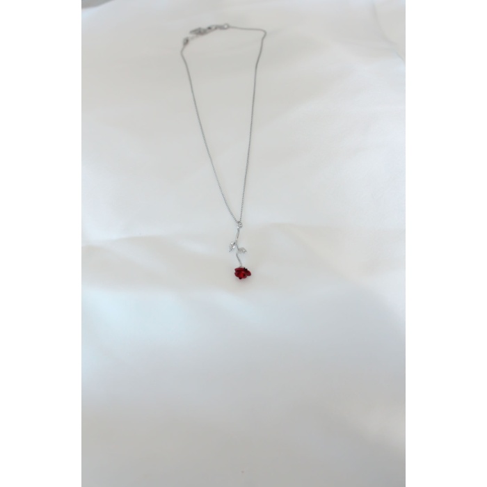 Gümüş Kaplama Kırmızı Gül Figürlü Kadın Kolye - Lisinya