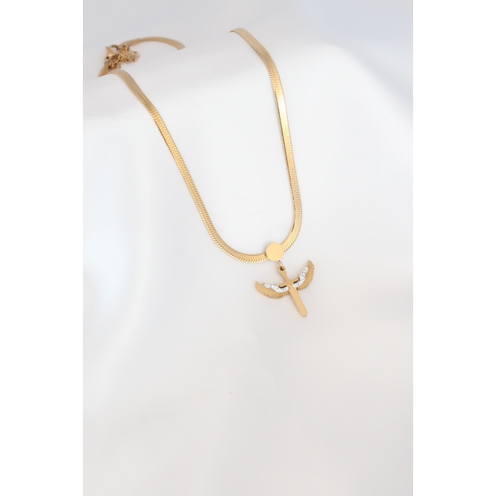 Mikail Figür Zirkon Taş Detay Gold Renk Çelik İtalyan Zincir Kadın Kolye - Lisinya