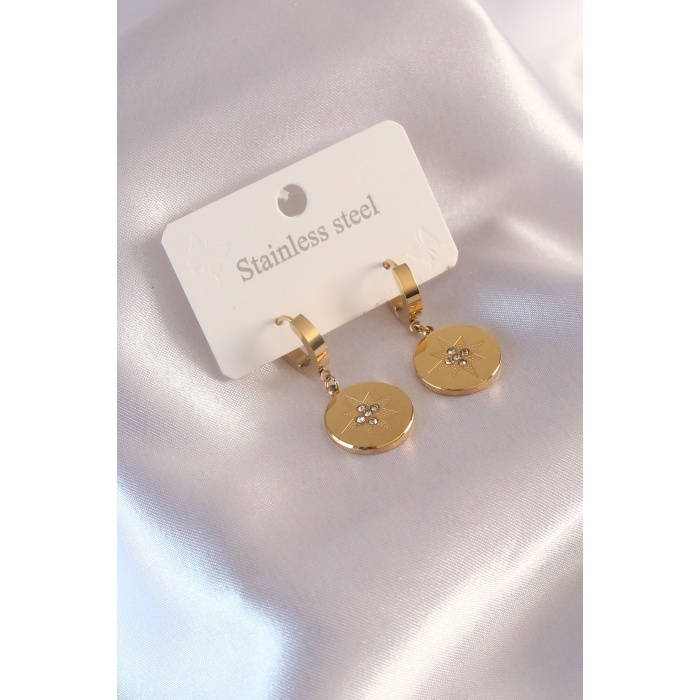 Çelik Gold Renk Kutup Yıldızı İşleme Zirkon Taşlı Kadın Küpe - Lisinya