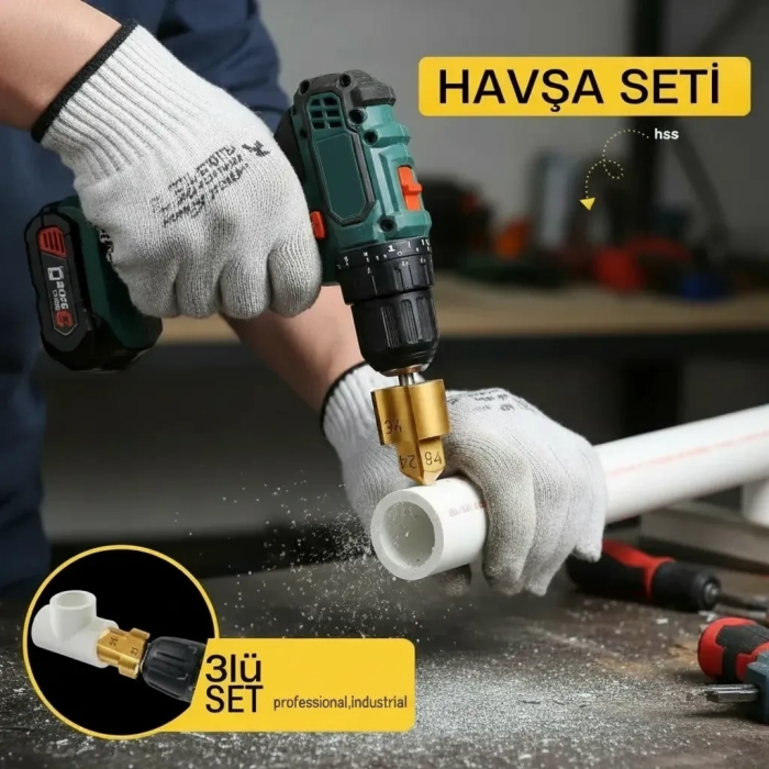 Plastik Boru Kalemtraş Kademeli Boru Açma Pvc Pprc Boru Tamir Delme Genişletme Onarımı İçin 3lü Havşa Seti ( Lisinya )