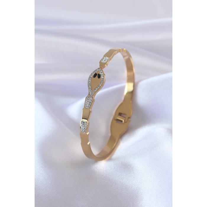 316L Çelik Gold Renk Yılan Model Zirkon Taş Detay Kadın Kelepçe - Lisinya