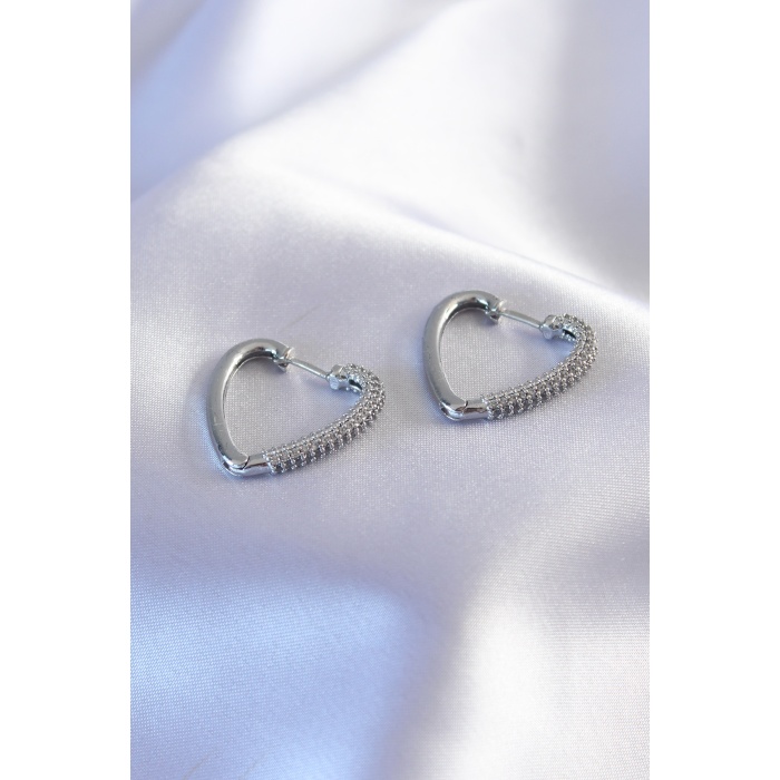 Gümüş Renk Zirkon Taşlı Kalp Model Kadın Küpe - Lisinya