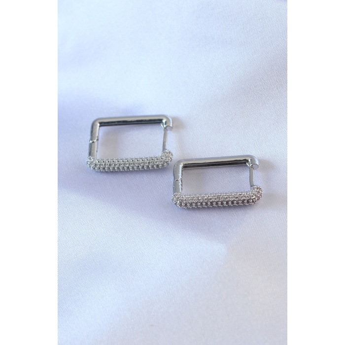 Gümüş Renk Kare Model Zirkon Taşlı Pirinç Kadın Küpe - Lisinya