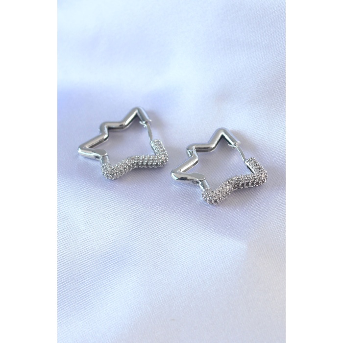 Gümüş Renk Yıldız Model Zirkon Taşlı Pirinç Kadın Küpe - Lisinya