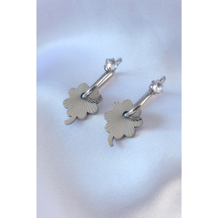 316L Çelik Gümüş Renk Zirkon Taşlı Kadın Göçmen Küpesi - Lisinya