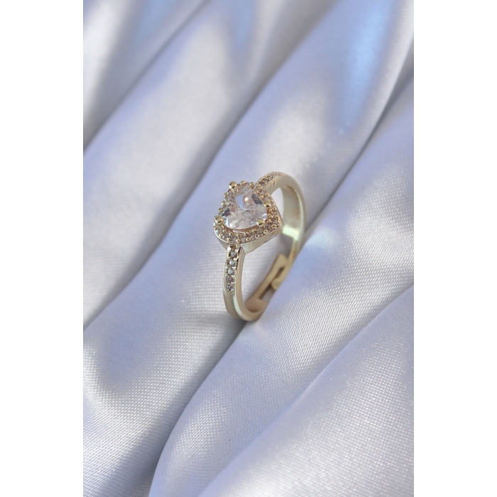 Gold Renk Zirkon Taşlı Kalp Model Pirinç Charm Kadın Yüzük - Lisinya