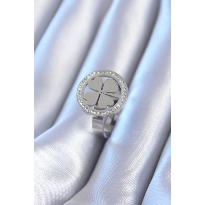 316L Çelik Gümüş Renk Zirkon Taşlı Yonca Model Kadın Yüzük - Lisinya