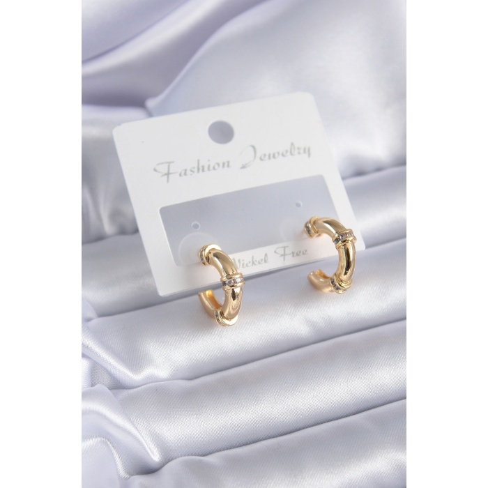 Gold Renk Zirkon Taş Detay Halka Model Pirinç Kadın Küpe - Lisinya