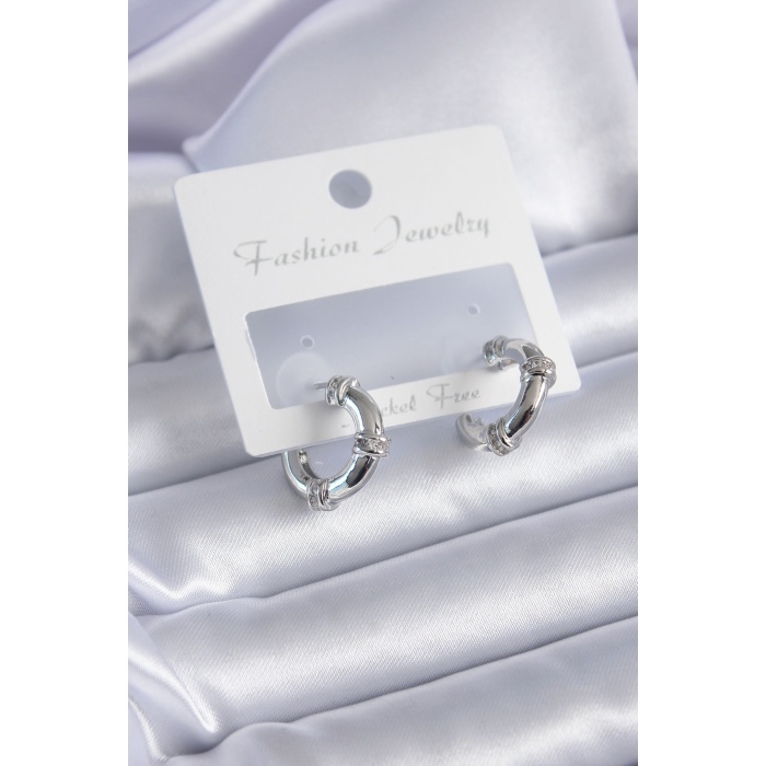 Gümüş Renk Zirkon Taşlı Halka Model Pirinç Kadın Küpe - Lisinya