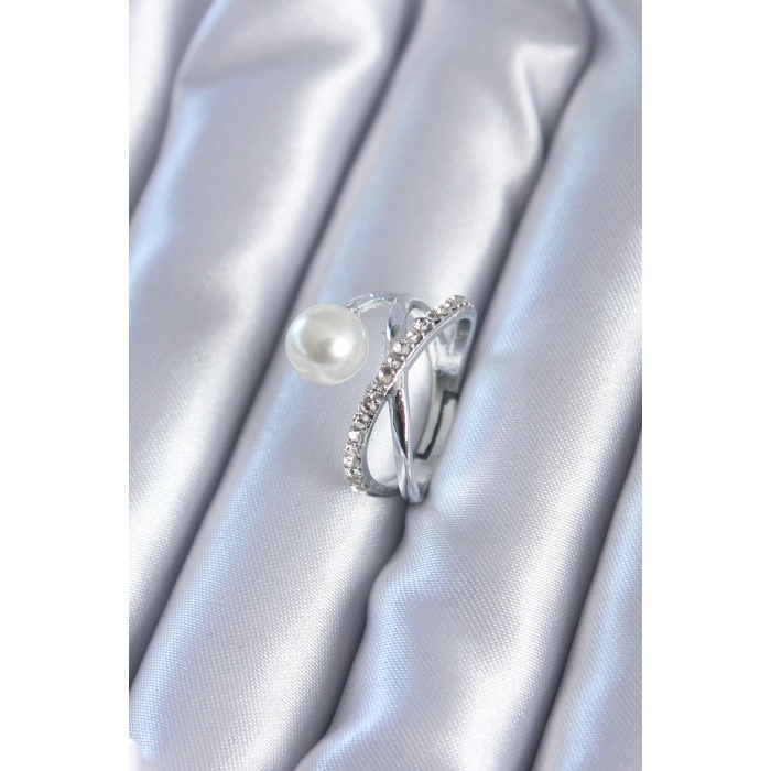 Gümüş Renk Zirkon Taşlı İncili Kadın Yüzük - Lisinya