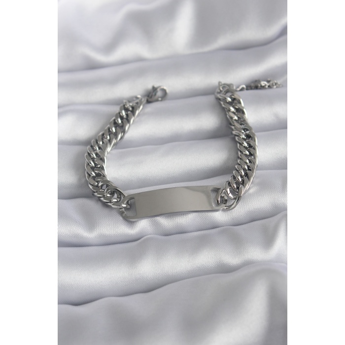 316L Çelik Gümüş Renk İsim Yazılabilir Plaka Model Kadın Bileklik - Lisinya