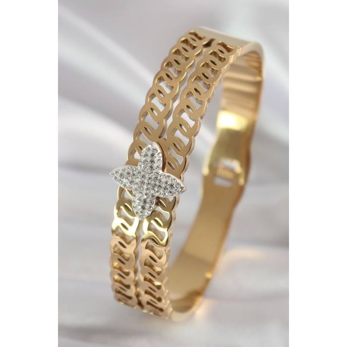 316L Çelik Gold Renk Zirkon Taşlı Çiçek Model Kadın Kelepçe - Lisinya