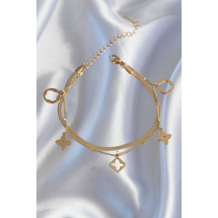 316L Çelik Gold Renk Çift Zincir Yonca Tasarım Bileklik - Lisinya